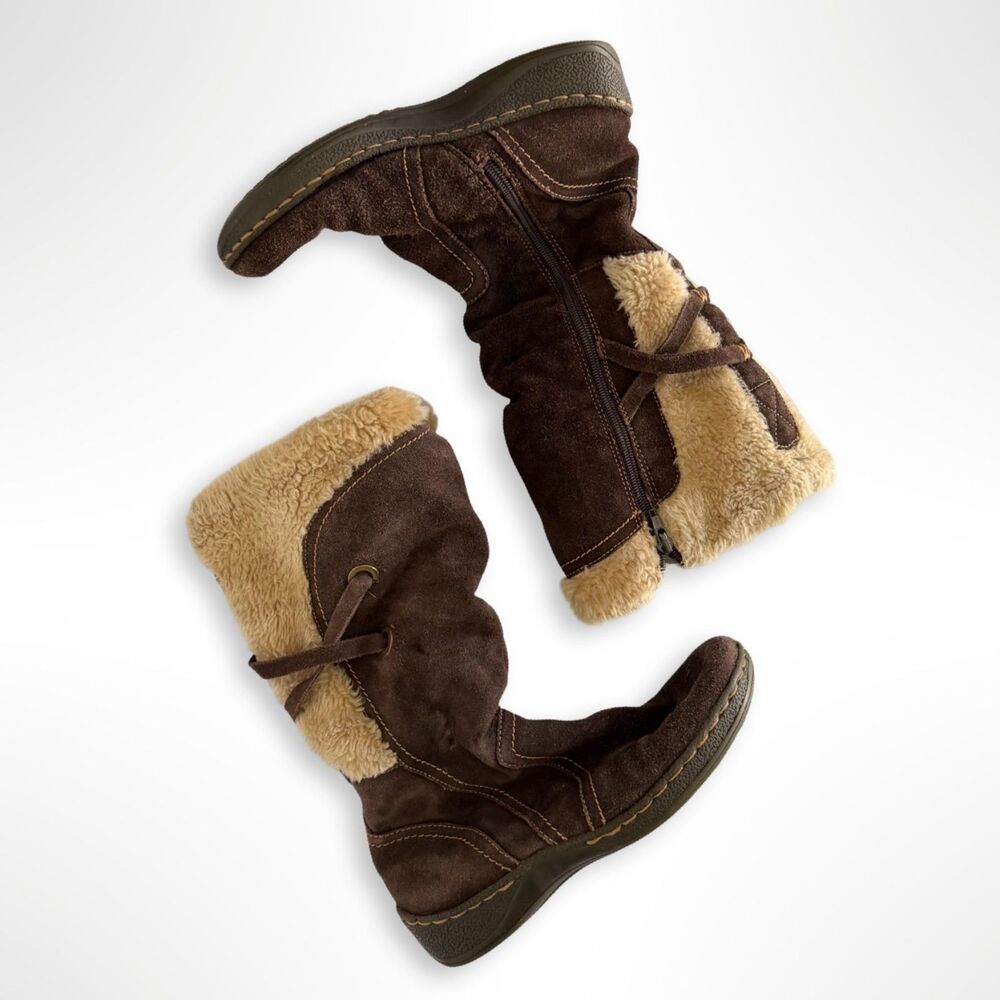 Y2K St. John's Bay Faux Fur Brown Suede Strappy Boots, 8, Cozy Scandi Girl vtg